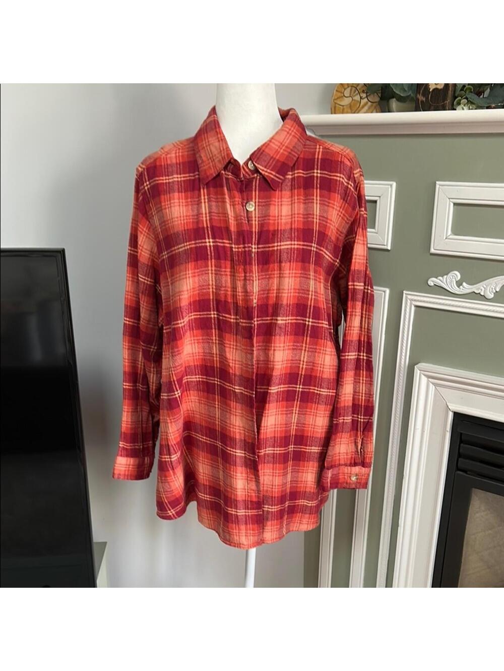 Woman Within Red and Orange Plaid Button-Up Shirt